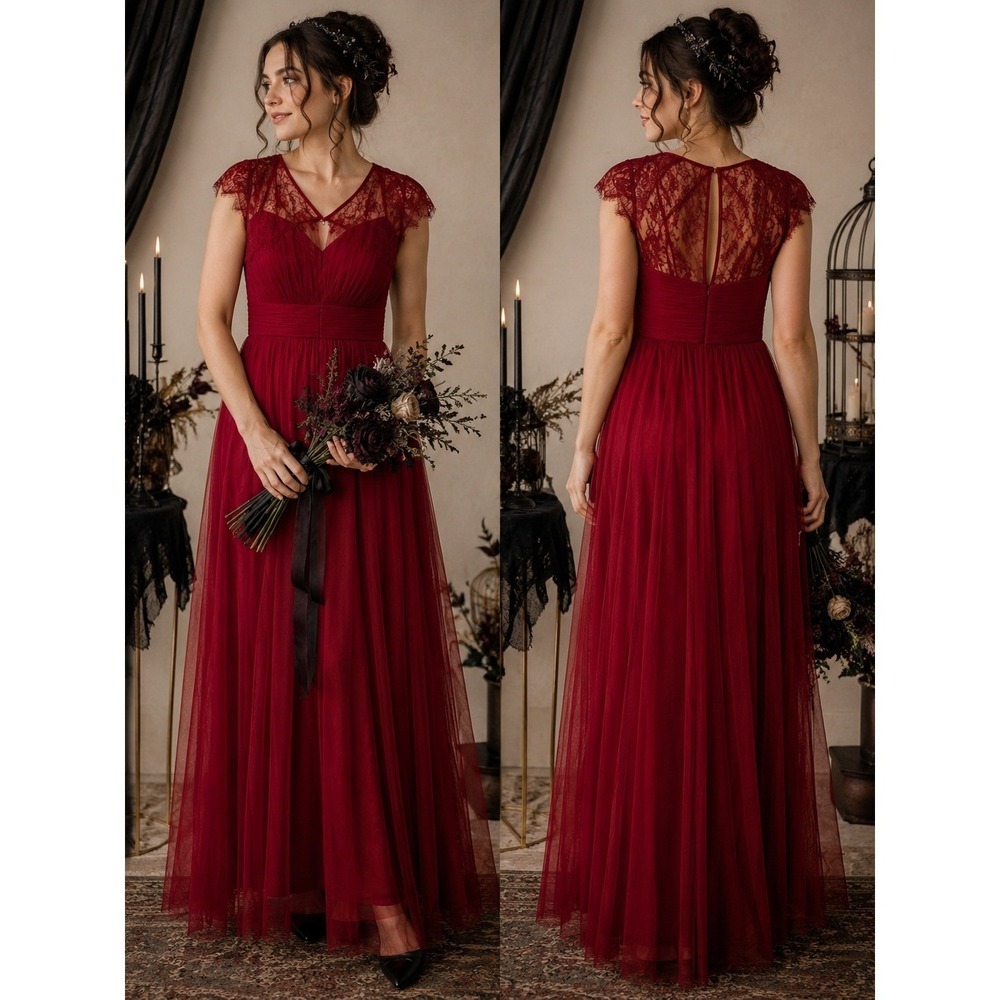 Whimsigoth Wedding Bridal Prom Dark Red Tulle Pleated Lace Formal S Maxi Dress